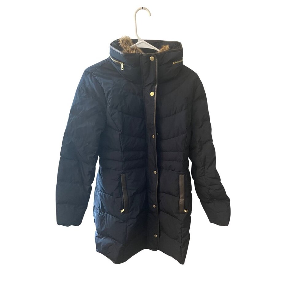 Cole Haan Signature Womens Puffer Coat W/ Faux Fur Trim Hood Black S/P